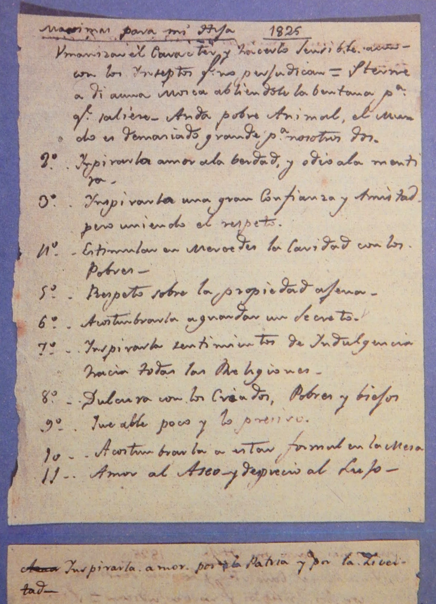 lista de las 12 máximas de San Martín escritas a puño y letra en 1825