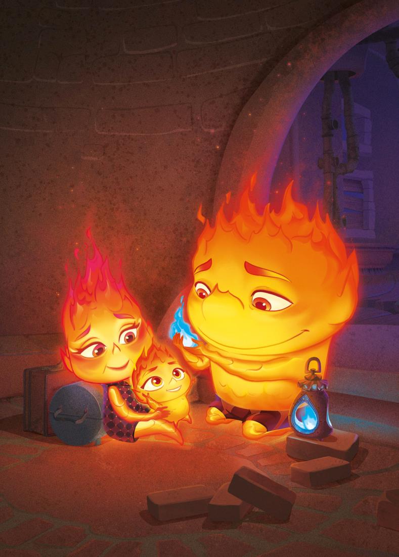 De la película "Elementos" de Pixar, una imagen de "la fogata azul" junto a la familila